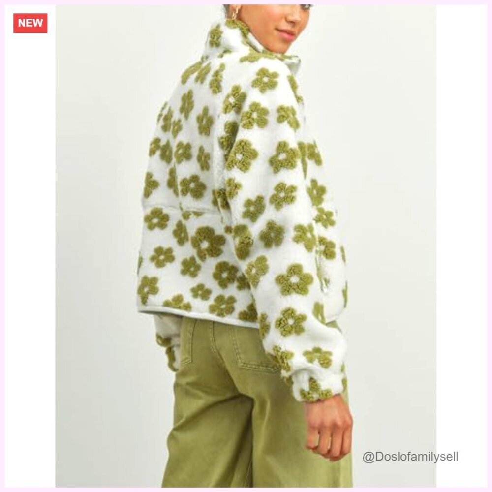 Fleece Sherpa Jacket with Floral Pattern, Zip Up, Stand Collar, Pockets - Picture 2 of 5